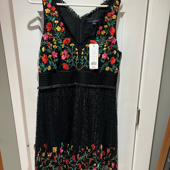 French Connection Dresses & Skirts - French Connection Black Midi Dress with Multicolor Floral Embroidery